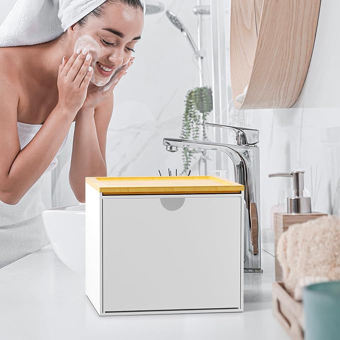 VITVITI Drawer Disposable Face Towel Holder Box, Acrylic Storage, White | Face Towels Holder Container for XL Clean Skin Club, Facial Towel Storage with Bamboo Lid, for Bathroom, Vanity Makeup