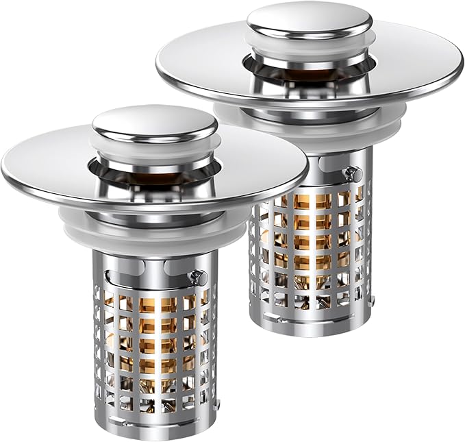 Bathroom Sink Stopper, Pop-up Sink Drain Strainer with Removable Stainless Steel Strainer Basket Hair Catcher, Bathroom Sink Strainer for Bathroom Sink Stopper (2PCS)