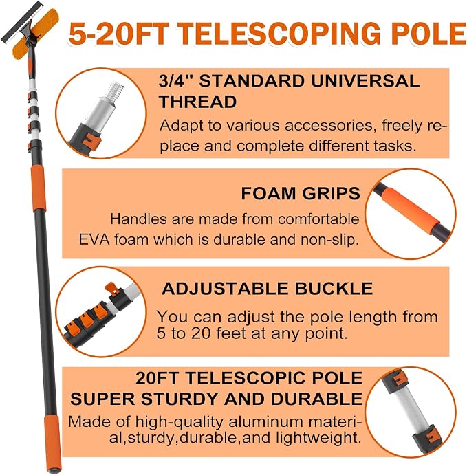 Buyplus 26Ft High Reach Squeegee for Window Cleaning Kit with 5 to 20 Foot Extension Pole, Extendable Window Cleaner Squeegee, Telescopic Window Washing Kit for Indoor/Outdoor High Window