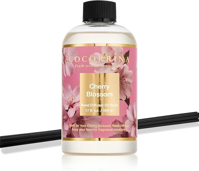 Reed Diffuser Refill Cherry Blossom 17oz (500ml) with 8 Sticks - Premium Long-Lasting Scented Oil, Home Fragrance for Bedroom, Bathroom Home Decor