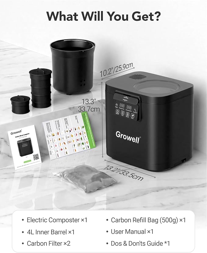 Growell 4L Electric Composter for Kitchen, Countertop, Indoor Compost Bin | Dual Carbon Filter, Auto-Clean, Long-Life Brushless Motor, LED Touch Panel, <40dB, Visible Window, Food Wast Recycler, Black