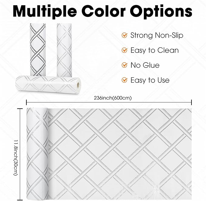Drawer and Shelf Liners for Kitchen Cabinets Non-Adhesive Cabinet Liners Strong Grip Non Slip Waterproof Contact Paper for Cabinets and Drawers Shelves Cupboard,Silver Geometric,12IN X 20FT
