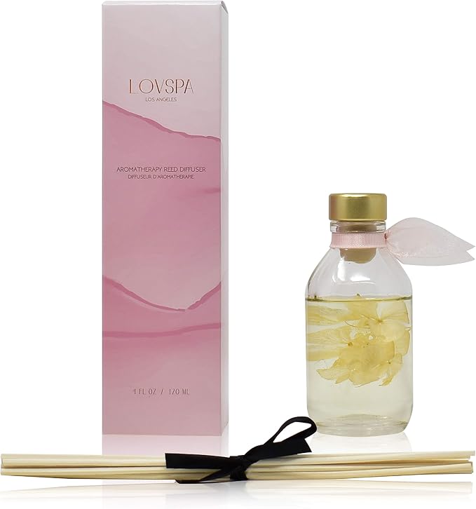 Reed Diffuser Set - Soothe Tahitian Vanilla Bean Scented Diffuser | Home Fragrance Reed Diffuser for Bedroom, Bathroom Shelf Décor, with Real Florals in the Bottle - Made in the USA