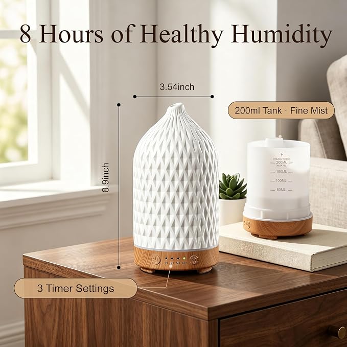 200ML Ceramic Essential Oil Diffuser for Home, Stone Diffuser | Ultrasonic Aromatherapy Diffuser & Air Humidifier for Bedroom, Office, Yoga, 7 LED Lights, Auto Shut-Off, 3 Timers, Rhombus