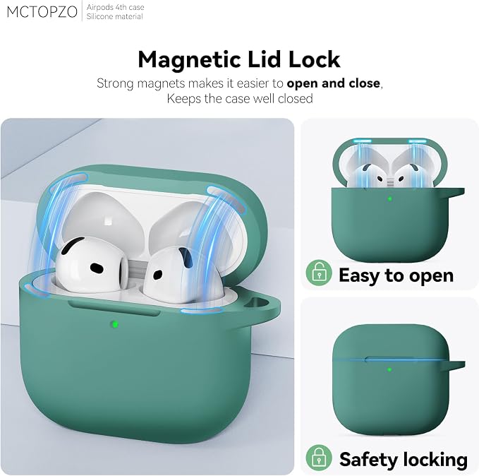 for AirPods 4 Case 2024 with Cleaner Kit & Keychain-Magnetic Green | Silicone Protective Cover for Apple AirPods 4th Generation Case,for Women Men,One-Piece Design,Shockproof,Dust Proof,Magnetic