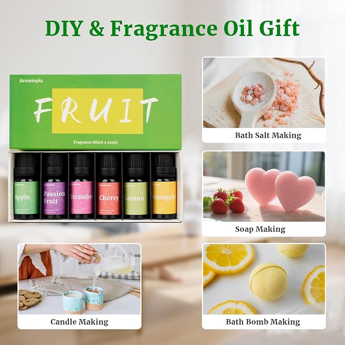 Fruit Fragrance Oils, Aromtopia 6x10ml Fruity Essential Oils for Diffusers for Home, Soap Candle Making Scents, Strawberry, Pineapple, Lemon, Cherry, Passion Fruit, Apple, Fragrance Oil Gift Set