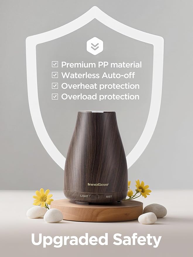 InnoGear Essential Oil Diffuser Ultrasonic Diffusers for Home Scent, Brown | Cool Mist Humidifier, Aromatherapy, Large Room, Run up to 8hrs, Waterless Auto Off, 7 Lights, Living Room, Quiet Operation
