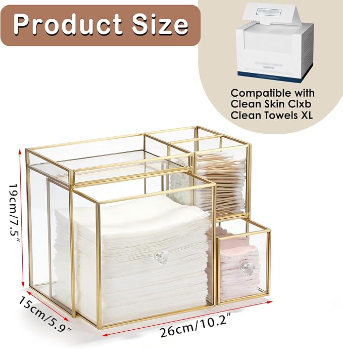 Sumnacon Glass Face Towel Holder with Drawer, Disposable Facial Towels Container with Top Tray, Compatible with Clean Towel XL, Vanity Organizer for Bathroom Skincare Cosmetic Cotton Pads Storage