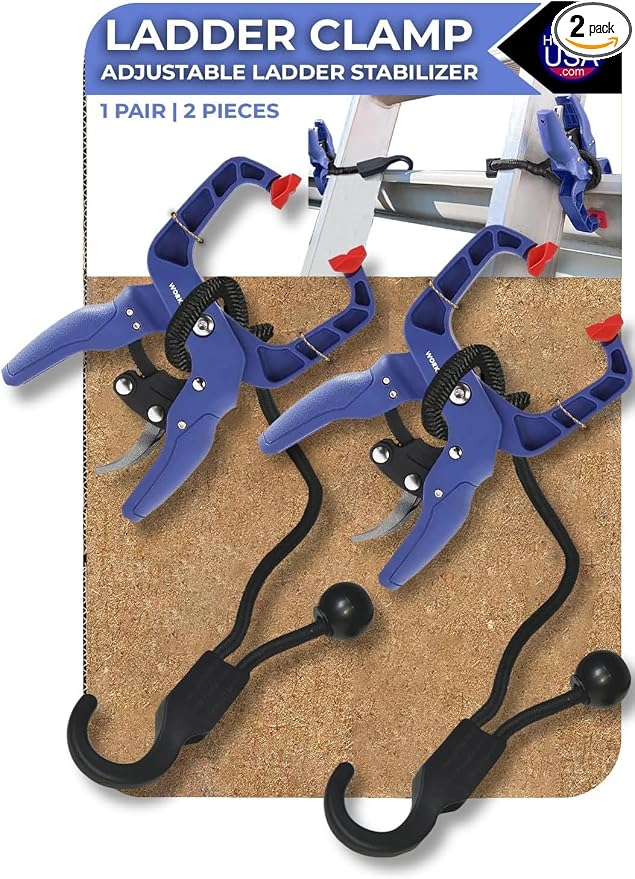 Holden USA - Ladder Clamp - Stabilizer Clip – Secure Safety Clamp for Roof, Gutters, and Wall Prep – Durable Support Cord for Roofing and Gutter Tasks (Pair / 2 Units) Blue