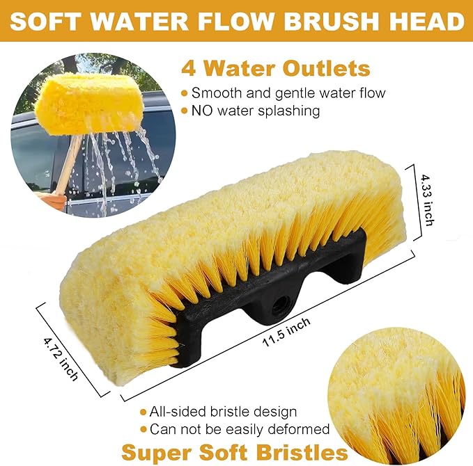 54" Car Wash Brush with Long Handle and 12" Soft Bristle Brush Head, Water Flow-Thru Car Washing Brush with Hose Attachment for Cleaning Car, RV, Truck, Boat, Camper, House Siding and More