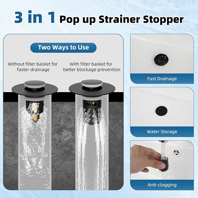 iFealClear 2 Pack All Metal Bathroom Sink Stopper, Pop Up Sink Drain Strainer with Removable Stainless Steel Filter Basket, Universal for 1.1"-2.36" Sink, Brass Bounce Core, Hair Catcher, Matte Black