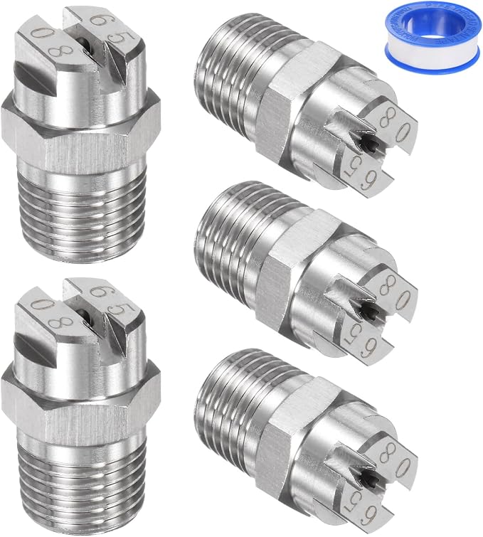 M METERXITY 5-Pack Flat Fan Spray Tip, 65 Degree 1/4BSPT Male Stainless Steel Pressure Washer Nozzles Cleaner Nozzle Replacement W Sealing Tape for Water Guns (1.8mm Orifice)