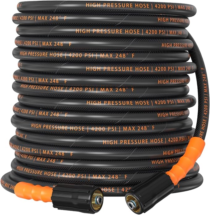 Pressure Washer Hose 50 ft, 4200 PSI Steel-Braided & Durable - Flexible & Kink-Resistant, Power Washer Hose with M22-14mm Stainless Steel Swivel Plug, Hot/Cold Water Compatible - Black