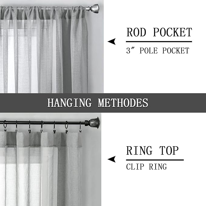 Tollpiz Sheer Curtains Bedroom Linen Textured Curtain Sheers Light Filtering Voile Rod Pocket Curtains for Living Room, 38 x 84 inches Long, Silver Grey, Set of 2 Panels