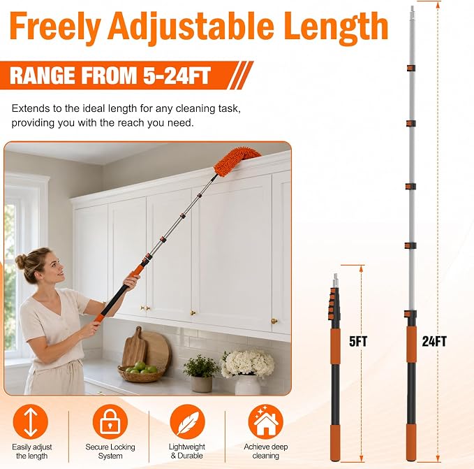 LAANPOLE 30FT High Reach Duster Cleaning Kit with Extension Pole, High Ceiling Fan Cleaner Duster Tool for Fan Blades, Window Washing Kit with Microfiber Feather Duster & Window Squeegee