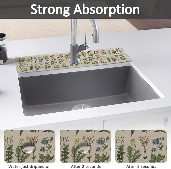 24" X 5.5" Kitchen Sink Splash Guard Faucet Mat Floral Super Absorbent Fast Drying Faucet Guard & Draining Mat Sink Splash Guard Behind Faucet for Kitchen, Bathroom