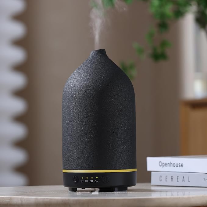 200ML Ceramic Essential Oil Diffuser for Home, Stone Diffuser | Ultrasonic Aromatherapy Diffuser & Air Humidifier for Bedroom, Office, Yoga, 7 LED Lights, Auto Shut-Off, 3 Timers, Black