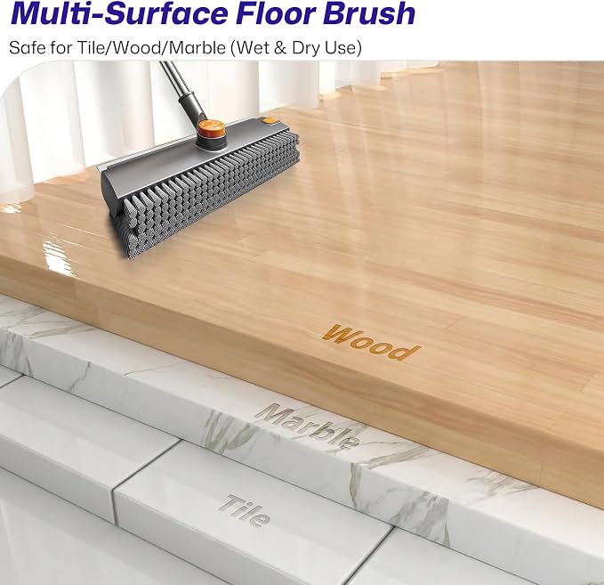 3-in-1 Floor Scrub Brush with Long Handle, Scrape and Heavy-Duty Stiff Bristle Floor Scrubber Brush with Squeegee and Tweezer for Cleaning Tile Kitchen Wall Deck Bathroom Patio Garage
