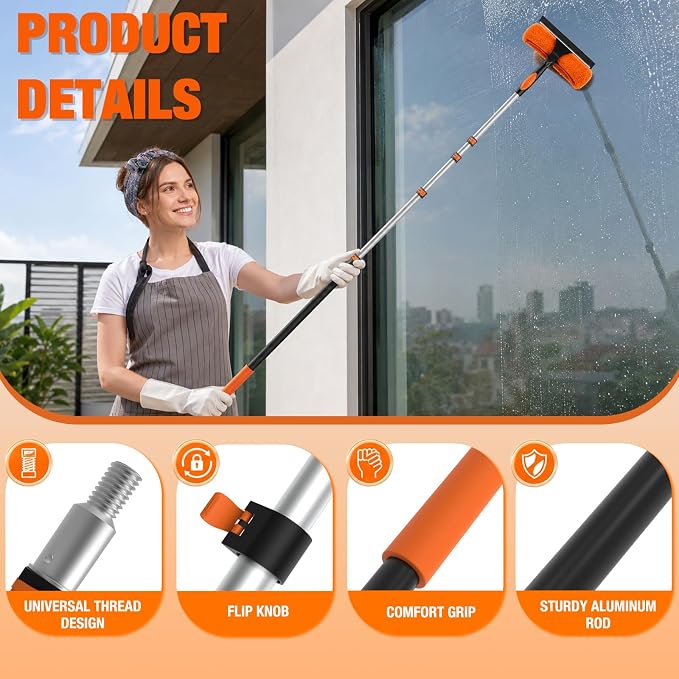 26FT Window Squeegee with Extension Pole, 2-in-1 Squeegee for Window Cleaning, Professional Cleaning Kit for Home with 20FT Telescoping Pole for Outdoor Indoor Use
