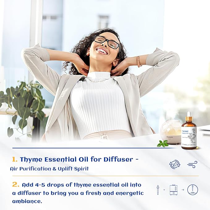 HIQILI Thyme Essential Oil for Skin Flare Care, DIY Spray, Diffuser | With 10ml Travel Dropper Bottle, Aromatherapy Diffuser, Hair, Skin Care & DIY Fragrance - 100ml / 3.38 Fl Oz