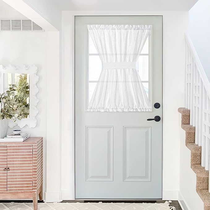 NICETOWN Front Sheer Door Sheer Curtain, Privacy Semitransparent Voile French Door Curtain with Top and Bottom Rod Pocket, Tieback Included, W52 inches x L40 inches, 1 Panel, White