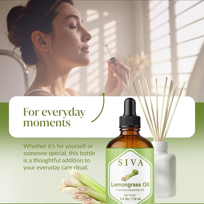 Siva Lemongrass Essential Oil, Glass Bottle with Dropper, 4 Fl Oz (118 ml) | Lemongrass Oil for Diffuser, Humidifier, Home Fragrance, Room Spray, Skin, Body Massage, Soap Making, Candle Making & DIY