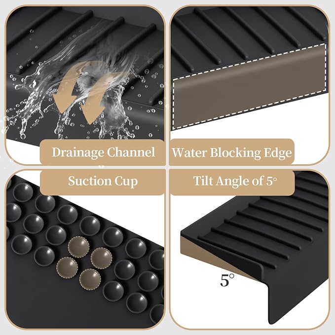 Sink Edge Protector with Suction Cup, 24" x 4", Silicone Sink Splash Guard for Kitchen & Bathroom, Protect Countertop from Scratches, Stains, for Stainless Steel Granite Quartz