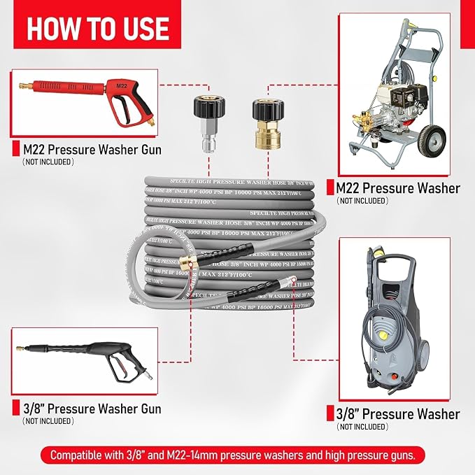 SPECILITE 3/8"×50FT Pressure Washer Hose Max 212℉, 4000PSI Hot and Cold Water Power Washer Hoses, Steel Wire Braised Extension Hose with 2 QC Adapters, Flexible and Kink Resistant, Industrial-grade