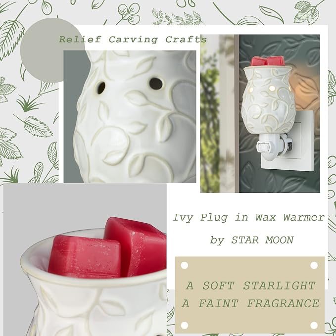 Candle Warmer Wax Melt Warmer Wax Warmer for Scented Wax Night Light Plug in with One More Bulb Home Fragrance Home Decor Wall Decor Bas-Relief Craft (Ivy)