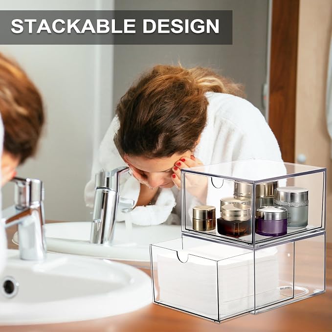 Sumnacon 2 Pack Disposable Face Towel Holder for Bathroom Vanity, Clear Plastic Facial Towels Holder Container with Drawer Storage, Face Towels Case Organizer Compatible with Clean Skin Cluub Towel