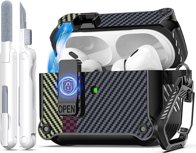 R-FUN for AirPods Pro 2 Case with Lock Magnetic Lid, CF Gray | Compatible with AirPods Pro 2nd Generation and AirPods Pro 1st Generation (2019) Case with Cleaner Kit & Carabiner, MagSafe
