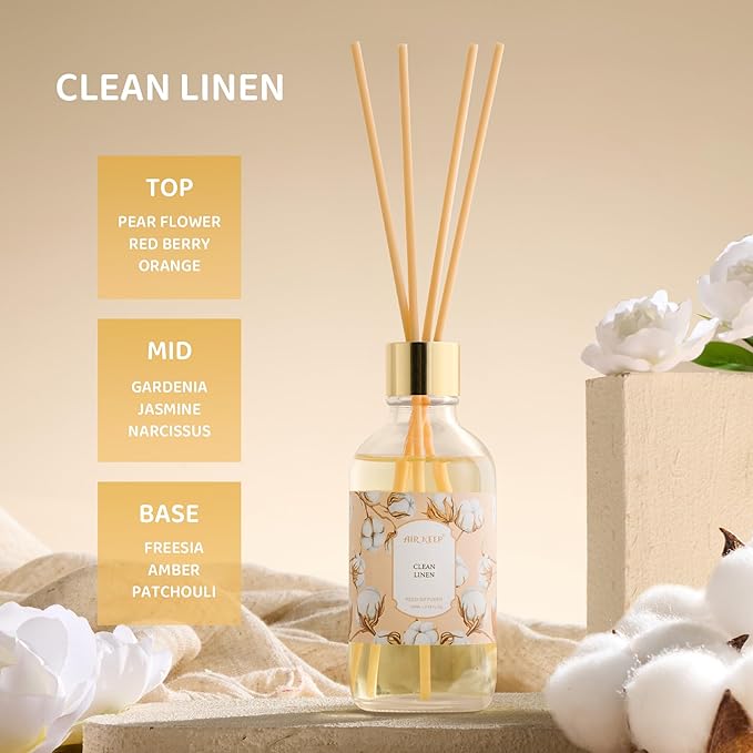 Reed Diffuser Oil Set with Reed Sticks, Clean Linen Aromatherapy Oil Scent Diffuser for Home Office Bathroom Decoration Perfume and Gifts 3.38 oz/100ml