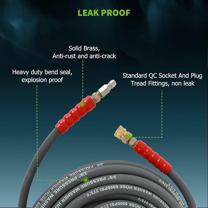 SCITOO 3/8" Pressure Washer Hose 100ft 6000psi 2-Braid Grey Hot Water Pressure Washer Hose