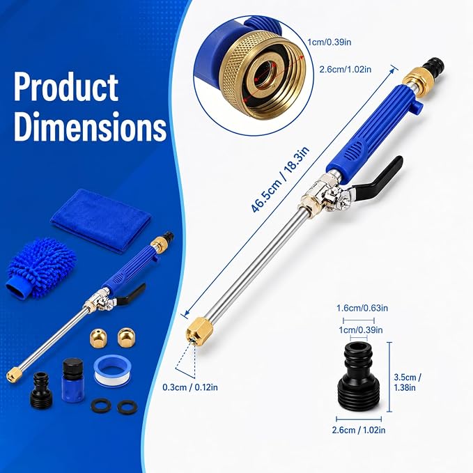 High Pressure Hose Nozzle, 2‑in‑1 Metal Water Jet Nozzle, High Pressure Power Washer Wand with 2 Different Tips, Quick Connectors for Cars, Patios, Decks & Outdoor Cleaning (Blue)