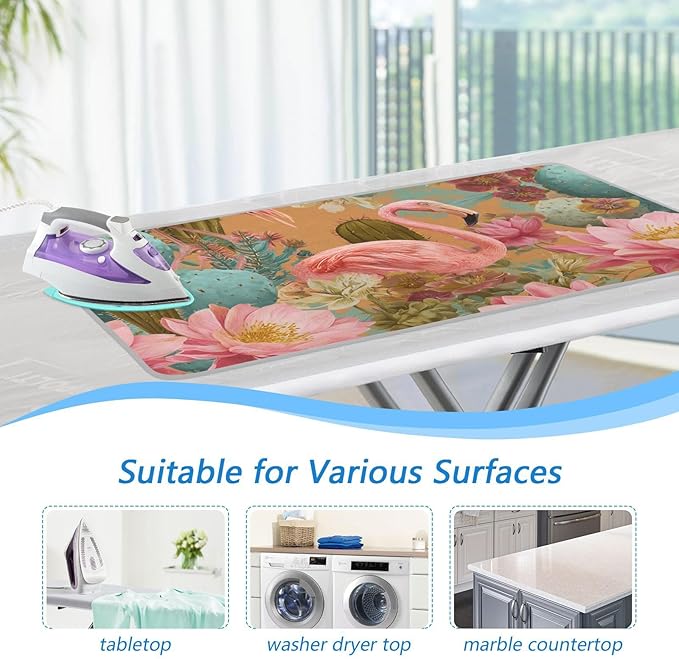 Ironing Mat Portable Ironing Pad Ironing Blanket for Table Top Heat Resistance Double-Side Using Travel Large 47.2 x 27.6 Inch Foldable Orange Flamingos and Green Cactus Flowers