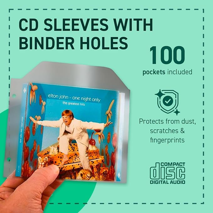 Tarifold CD Storage Binder Sleeves, 2-Ring Holes and Closing Flap, 100 Pack | Reinforced 2-ring binder holes, holds CD, cover art and booklet, durable 120-micron polypropylene, scratch and dust resistant