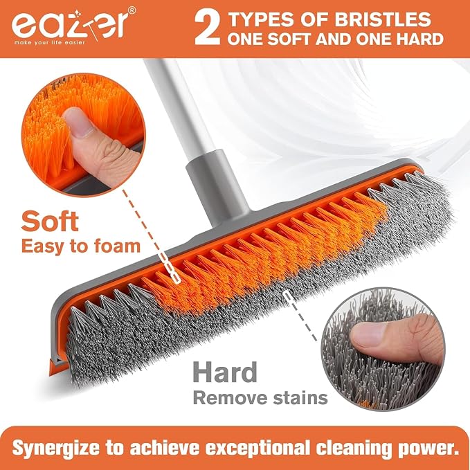 Eazer 2-in-1 Floor Scrub Brush with Long Handle, Soft/Hard Bristle Concrete Deck Brush with Squeegee, Garage Floor Cleaner for Tile/Concrete, Indoor/Outdoor Kitchen Bathroom Pool Deck -12" W/60 H