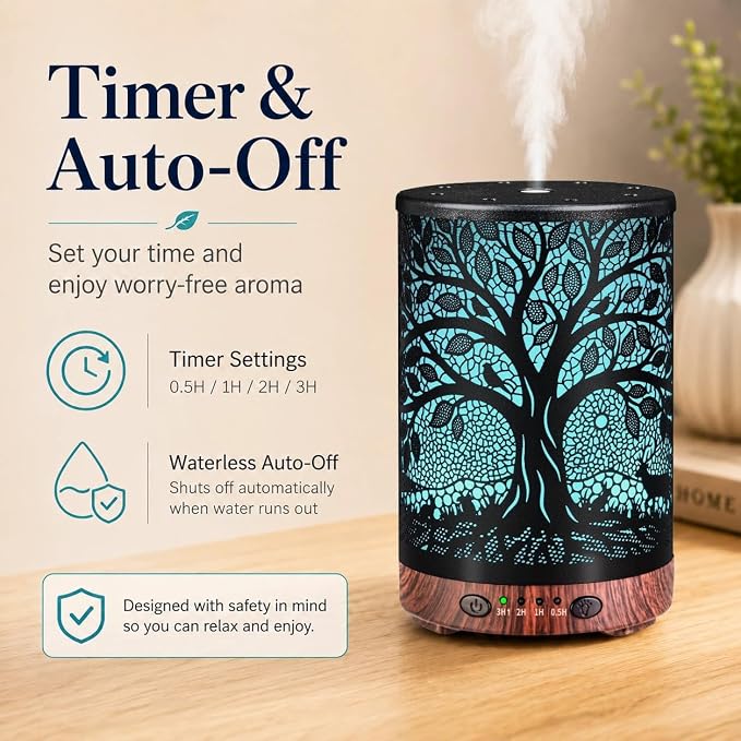 Essential Oil Diffuser, 120 ml Aromatherapy Diffuser with 7 Color Lights, Auto Shut-Off and 4 Timer Settings, Ultrasonic Cool Mist Diffuser for Home Room Office (Harvest Tree)