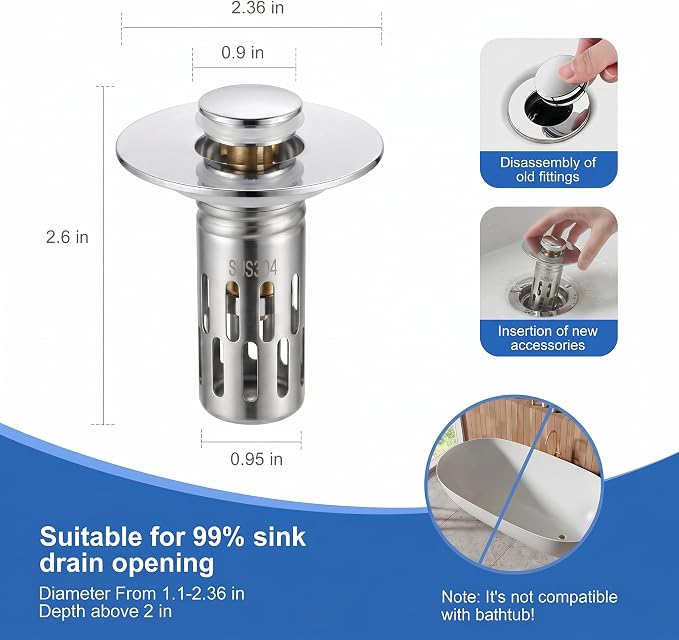 Chrome Bathroom Sink Drain Strainer, Upgraded 3 in 1 Universal Pop Up Stopper with Removable 304 Stainless Steel Filter Basket or Hair Catcher, Bullet Core, Sink Plug for 1.1''~2.36'' Basin, 2 PCS
