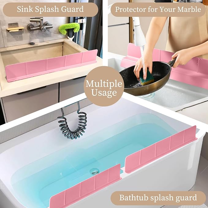 23" Ultra Silicone Sink Splash Guard Released in 2025/Dec,Self-Draining Water Splash Guard for Kitchen Sink,Bathroom and Island,with 3.5" High Splash Guard & 7 Strong Suction Cup (Pink)
