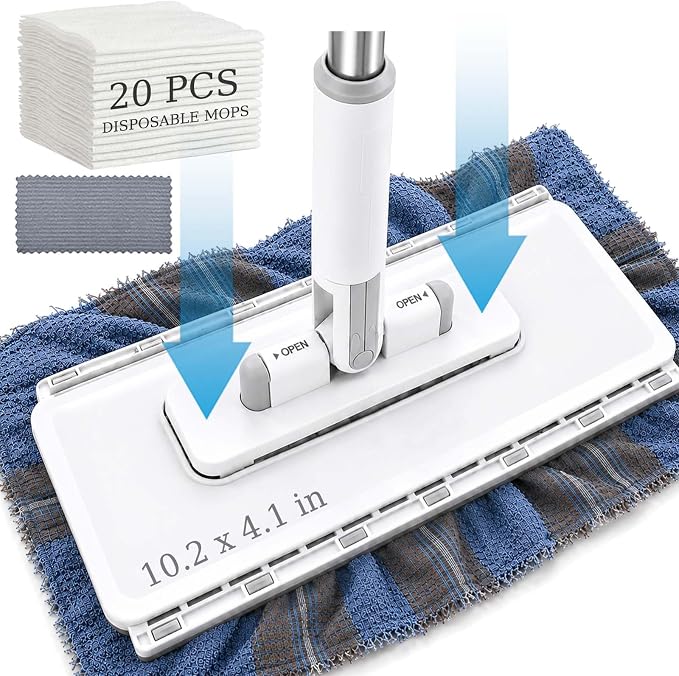 10.2x4.1x49.2 Hands Free Multipurpose Flat Mop, Zero Touch Snap Grip Mop, Auto Clamp & One-Click Release, Long Handle to Save Your Back, 360° Rotation Head, Dry Wet Use, Fits Any Cloth (Set A)