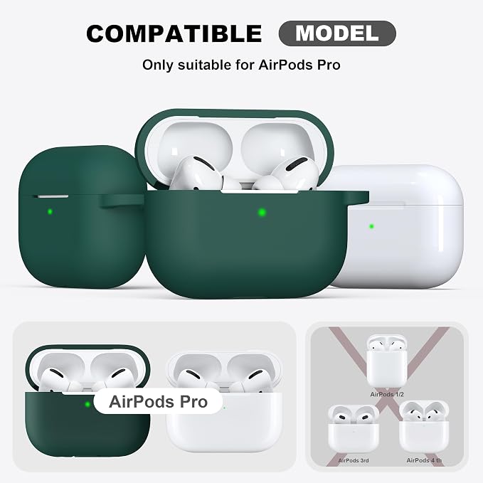 R-fun for AirPods Pro 2 Case, Soft Silicone Protective Cover with Keychain and Cleaning Pen, Compatible with AirPods Pro 2nd/1st Generation, Supports Wireless Charging, Forest Green