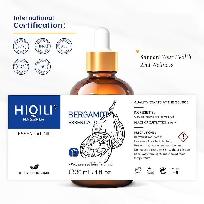 HIQILI Bergamot Essential Oil for Skin, Diffuser & Hair | Creates Soothing and Calming Atmosphere for Home and Office, Calms Your Mind, and Works for Skin, DIY -30mL / 1.01 fl oz