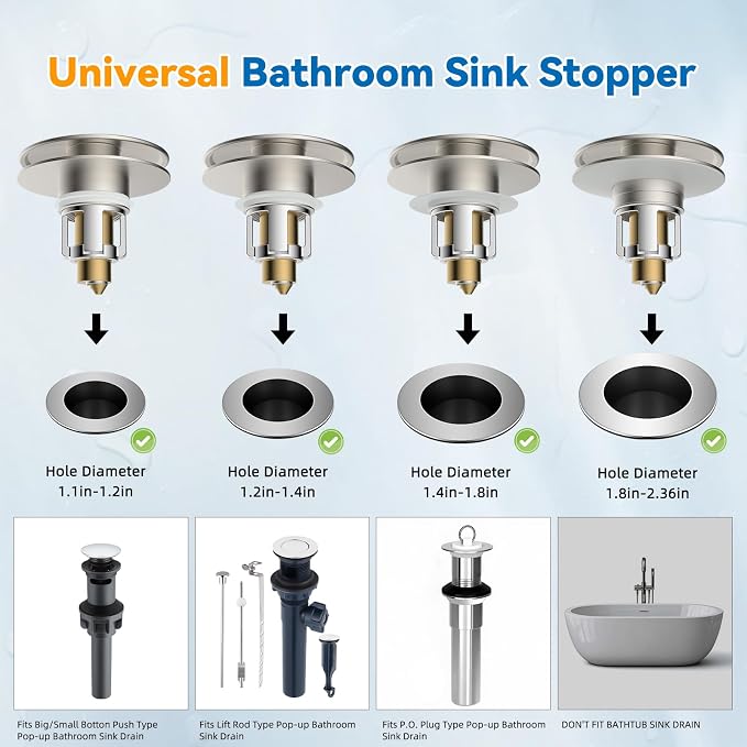 Universal Metal Bathroom Sink Stopper Hair Catcher Strainer, Brushed Nickel | Pop-Up Sink Drain Strainer with Detachable Filter, Drain Plug Fits 1.1"-2.36" US Basin, Large Cover Cap, Brass Bounce Core