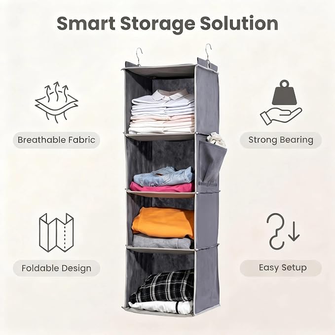 4-Tier Hanging Closet Organizer, Foldable Storage Shelves, Grey for Dorm RV | 4-tier hanging shelves for closets. Foldable, holds clothes & shoes. Fits dorms, apartments. Grey