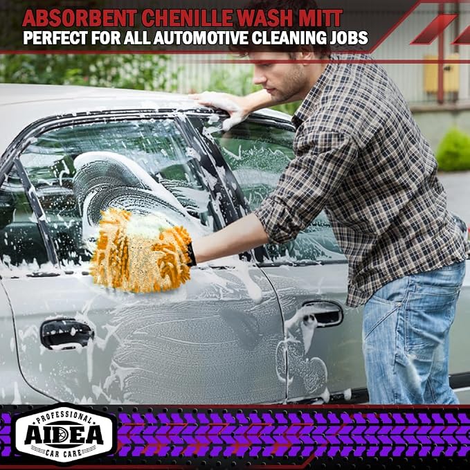 AIDEA Car Wash Mitt Microfiber, 1PK, Car Wash Brush, 7.12''X10.14'' | Scratch Free Lint-Free, Premium Chenille Microfiber Mitt, Regular Size, Orange