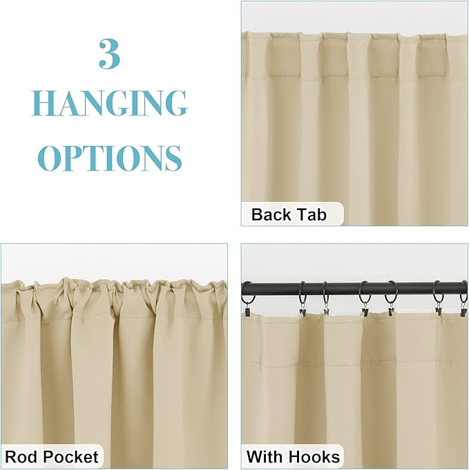 RYB HOME Short Blackout Curtains 63 inches, Solid Heavy Duty Small Window Treatment Room Darkening Privacy Draperies for Basement Bathroom Bedroom, Biscotti Beige, W42 x L63 inch, 2 Panels
