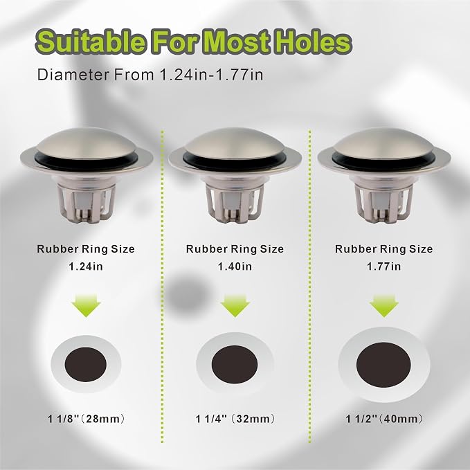 Pop Up Sink Drain Stopper Hair Catcher - Brushed Nickel 1 Pack | Satin nickel strainer replacement, Fits 1-1/8 & 1-1/2 drains, Anti clog hair catcher, Quick pop up seal, Push button gaskets.