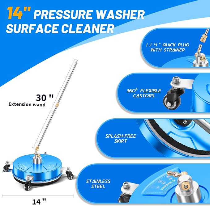 LidoDola 14'' Pressure Washer Surface Cleaner Blue, Power Washer Accessory | Stainless Steel Housing with 4 Wheels, 1/4" QC, 2 Extension Wands & 2 Replacement Nozzles, for Gas & Electric Pressure Washer