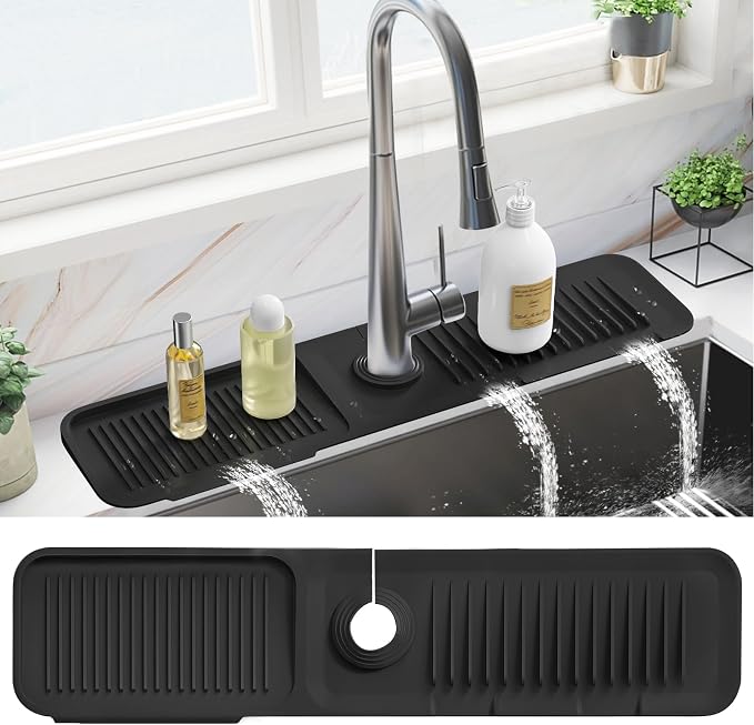 PoYang 24 Inch Faucet Mat for Kitchen Sink Splash Guard Behind Faucet, Sink Protectors for Kitchen Sink Faucet Mat Splash Guard for Kitchen Sink Area, Longer Silicone Faucet Guard Draining Mat, Black